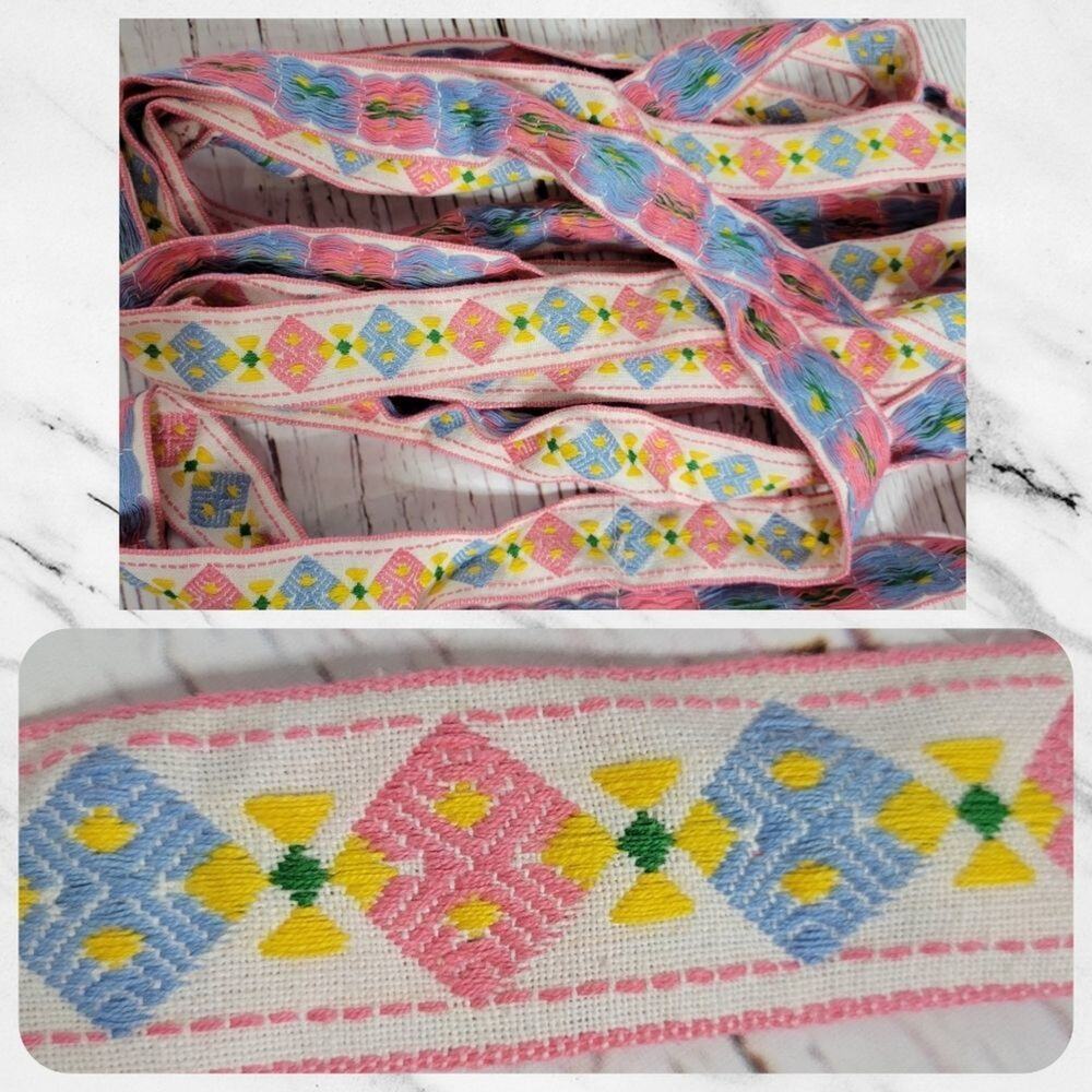Vintage Embroidered Pastel Geometric Pattern Trim - 240" Long X 1.5" wide